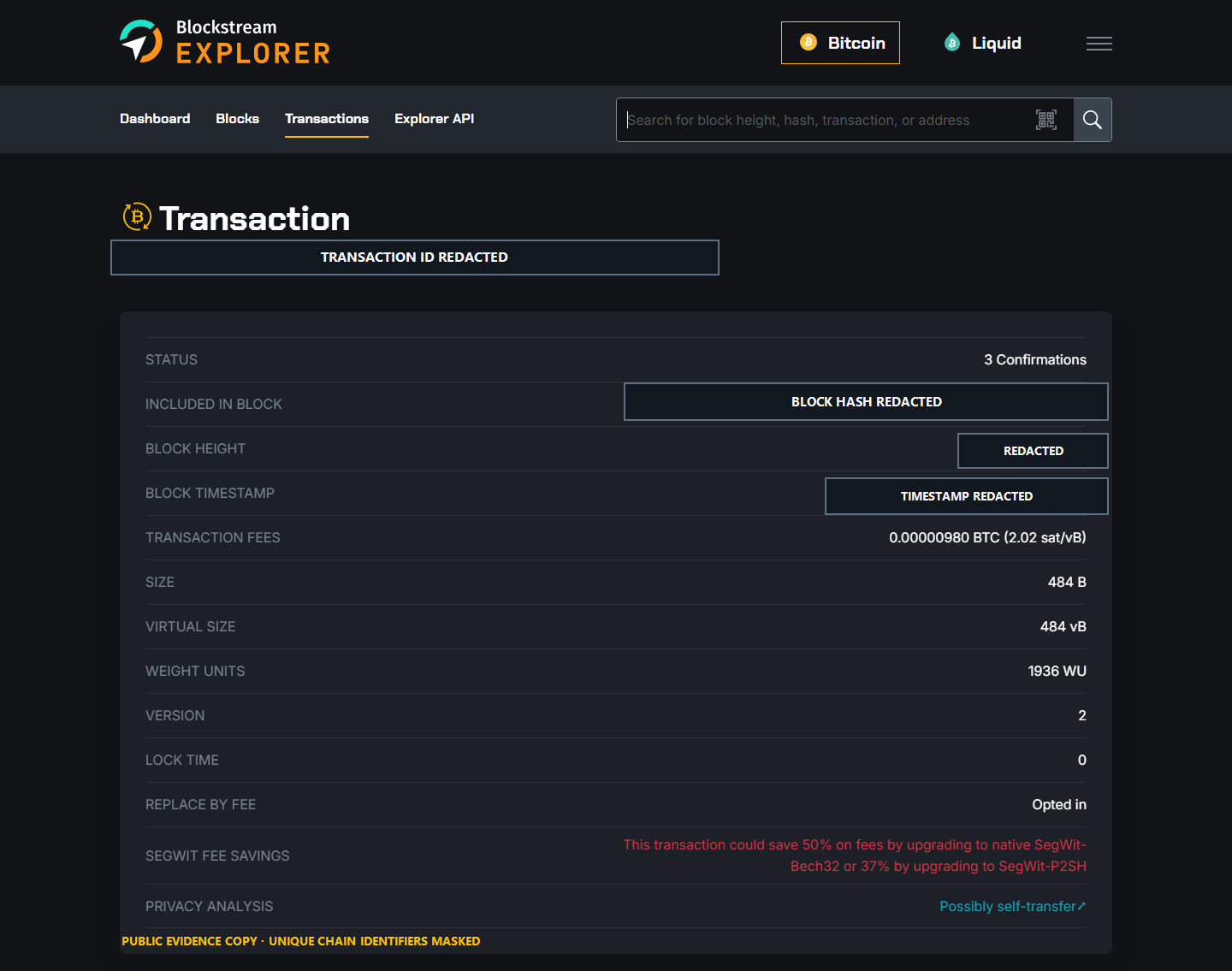 Redacted block-explorer confirmation