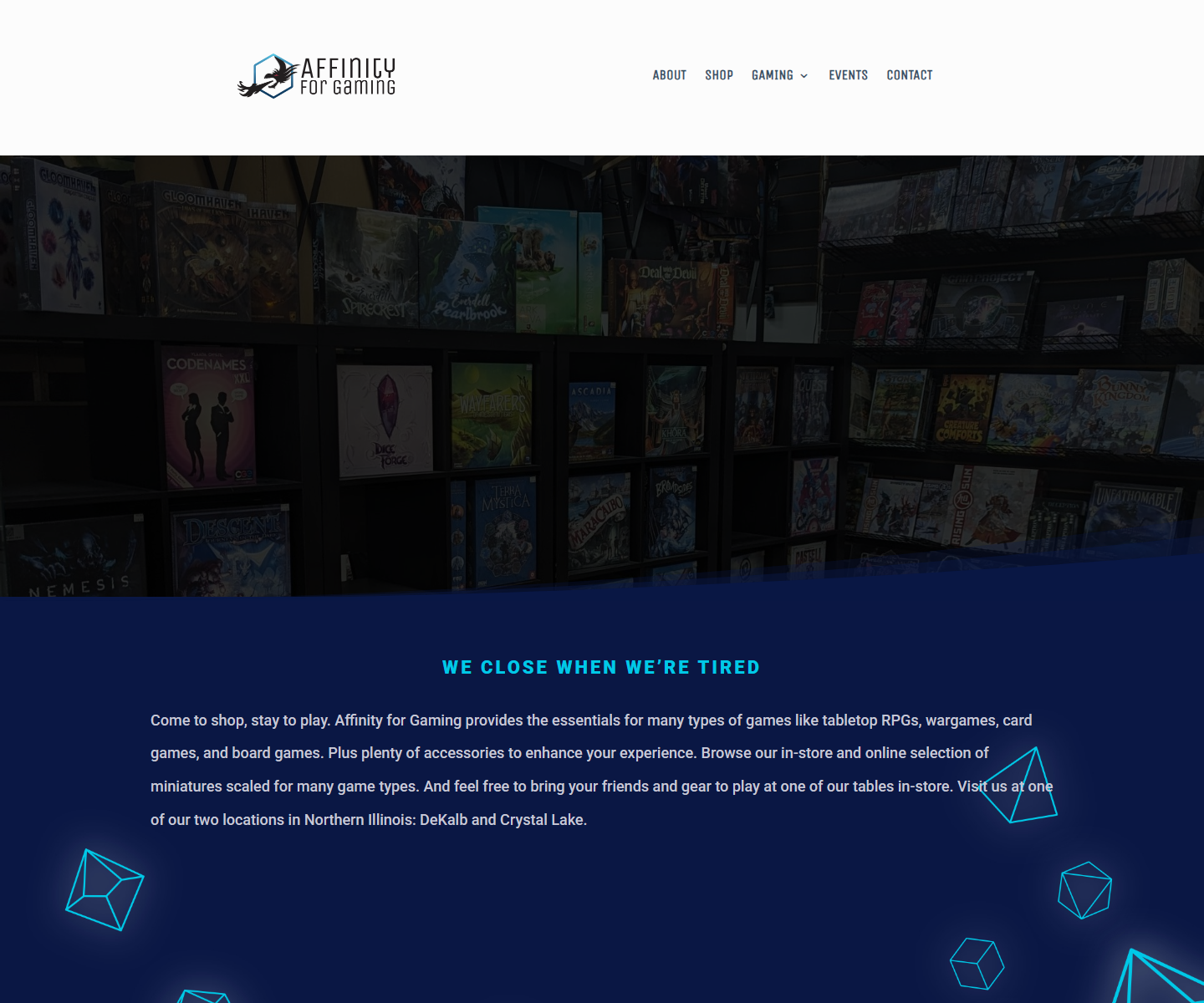 Affinity for Gaming storefront prototype with a game shop hero and blue geometric styling
